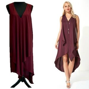 RW&CO burgundy red sleeveless V-neck layered tiered high low asymmetrical dress